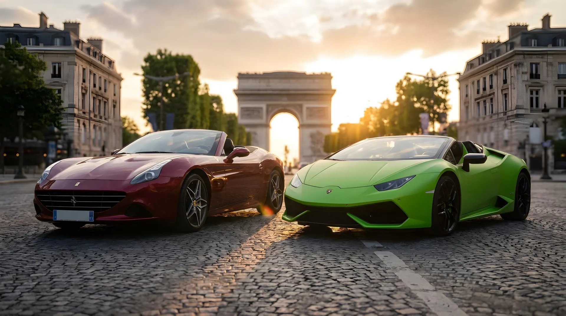 Ferrari California T et Lamborghini Huracán Spyder devant l'Arc de Triomphe sur les Champs-Élysées à Paris